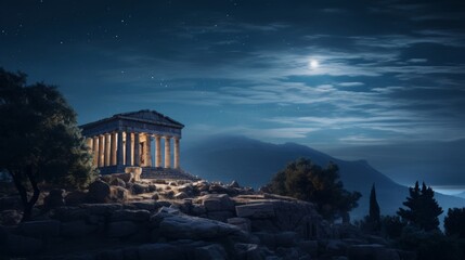 Obraz premium Lone figure gazes at starry sky from moonlit Greek temple entrance