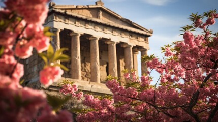 Vibrant spring engulfs Greek temple flowers and vines grace ruins