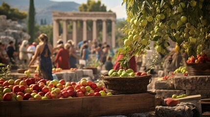 Greek temple festival joyful with dancers offerings and fruits - obrazy, fototapety, plakaty