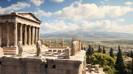 Fototapeta na wymiar Panoramic vistas from Greek temple's adorned rooftop ornate statues