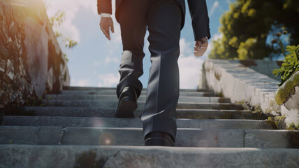 Sunlit steps reveal a businessman's determined ascent in the city. - obrazy, fototapety, plakaty