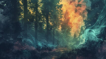 Mystical forest with vibrant colors and light effects