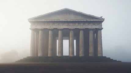 Morning fog engulfs Greek temple creating a mystical scene - obrazy, fototapety, plakaty