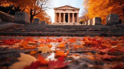 Autumn peak at Greek temple leaves blanket steps seasonal aura - obrazy, fototapety, plakaty