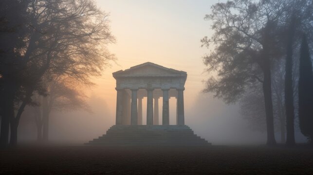 Ethereal mist shrouds Greek temple columns at dawn mystic ambiance