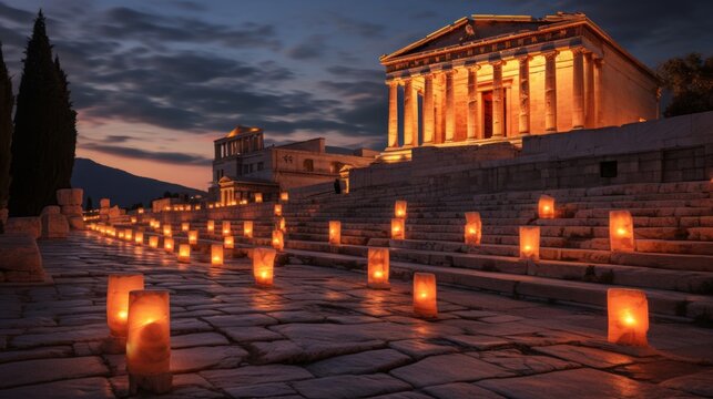 Warm glow of torches on Greek temple's facade dusk evokes rituals