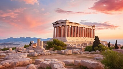 Breathtaking sunset colors behind Greek temple sky ablaze - obrazy, fototapety, plakaty