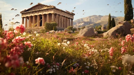 Fotobehang Vibrant wildflowers encircle Greek temple attracting bees butterflies © javier