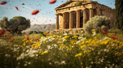 Greek temple in vibrant flower field bees and butterflies in attendance