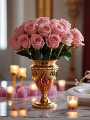 Beautiful pink roses flower arrangement in the elegant luxury home - 763233556