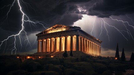 Dramatic thunderstorm at Greek temple lightning highlights details - obrazy, fototapety, plakaty