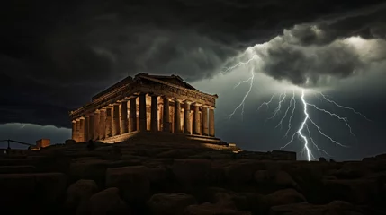 Fotobehang Lightning bolts illuminate Greek temple against dark stormy sky © javier