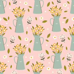Seamless vector pattern with abstract flowers in a jug. Hand drawn bouquet in flat style with line details on pink background. Country floral wallpaper, wrapping paper