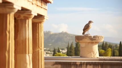 Greek temple seen through the eyes of an owl on a column - obrazy, fototapety, plakaty