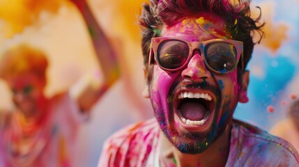 Mężczyzna z okularami przeciwsłonecznymi ma farbę rozsmarowaną po twarzy podczas święta kolorów Holi, celebracji kolorów. Mimika jest pełna energii i dynamiki, w tle bawiący się człowiek.