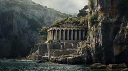 Greek temple on cliff edge waterfall cascades into abyss below - obrazy, fototapety, plakaty