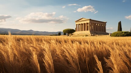 Tall golden wheat fields envelop Greek temple extending to horizon - obrazy, fototapety, plakaty