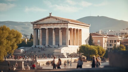 Fototapeta premium Bustling ancient city life around Greek temple daily activities