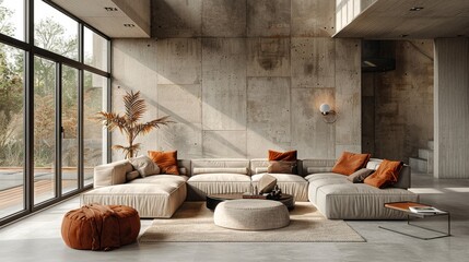 modern interiors design with big  sofa, armchair and big  windows