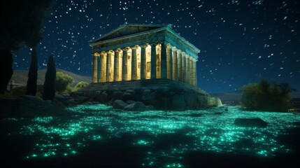 Greek temple under a bioluminescent firefly blanket nature's light show