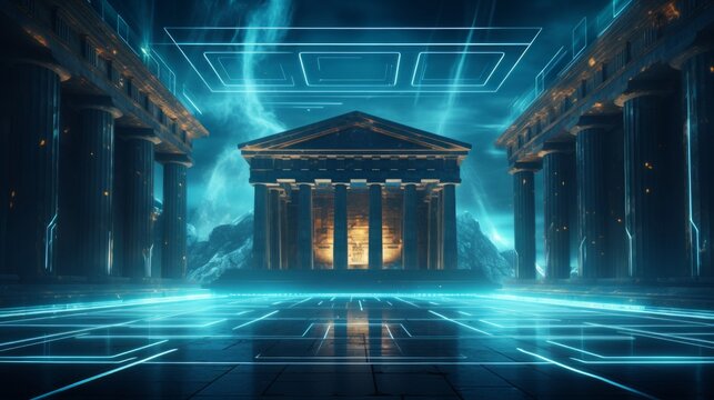 Ancient Greek temple reimagined with cyberpunk neon and holographics
