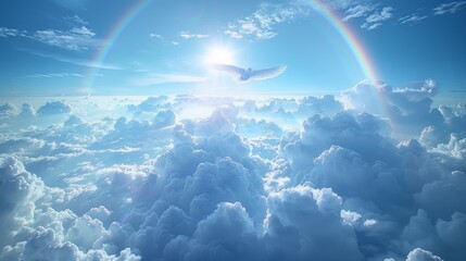 Dove flying towards white fluffy clouds with round rainbow