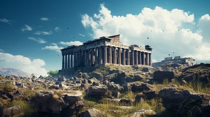 Poster Post-apocalyptic world reclaims Greek temple nature overruns ruins © javier