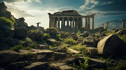 Greek temple stands in post-apocalyptic world nature engulfs civilization - obrazy, fototapety, plakaty