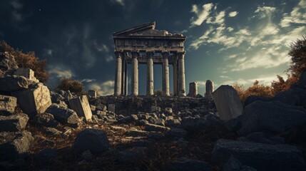 Naklejka premium Post-apocalyptic Greek temple enveloped by nature ruins blend with growth