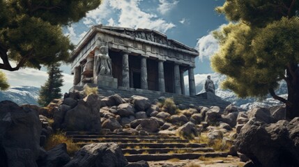 Nature reclaims Greek temple in post-apocalyptic setting ruins amid growth - obrazy, fototapety, plakaty