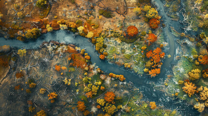 A bird's-eye view captures the contrasting autumn colors along the meandering path of a river.