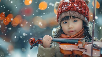 Little Asian child with violin outdoor