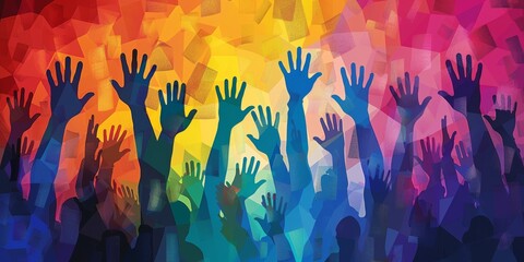 Hands up silhouettes, horizontal border. Decoration element from rainbow raised hands.