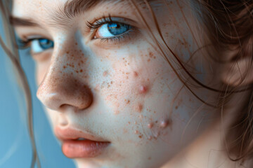 Close up of face of teenager girl with acne skin condition