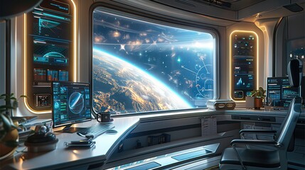 Modern office in international space station, desk in front of window. View of the Earth. Generative AI.