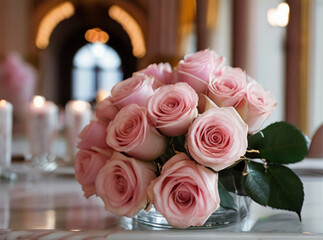 Beautiful pink roses flower arrangement in the elegant luxury home - 763234533