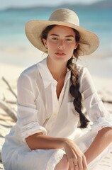 fashion Portrait of attractive girl with long hair posing on sunny beach. She wears white shirt, hat. She is looking to the camera.