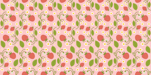 Strawberry-themed seamless pattern design featuring delightful berries, flowers, green leaves, and a tiny bee. Recurring surface design suitable for  apparel, textiles, wrapping paper