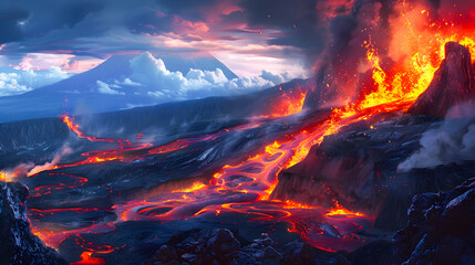 Realistic Volcanic Landscape with Lava Flow and Asteroid Cloud - obrazy, fototapety, plakaty