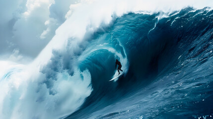 Surfer Riding Giant Ocean Wave in Imax Style
