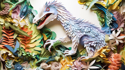 An intricate 3D paper model of a ferocious Tyrannosaurus rex