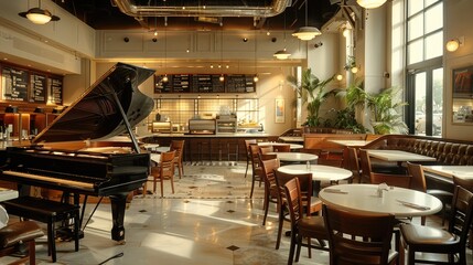 Large cafe with piano, table seating, open kitchen cafe. Generative AI.