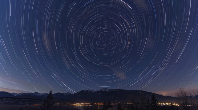 Long exposure of star trails over mountains