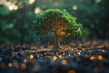 A tree growing in the ground with digital icons and data flowing from it, representing technology's role as a symbol for environmental protection. The background is blurred, creating a sense of depth. - obrazy, fototapety, plakaty
