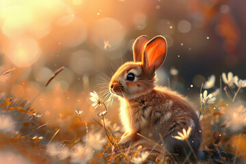 close up horizontal image of a cut small wild rabbit in the grass illuminated by sunlight, copy space