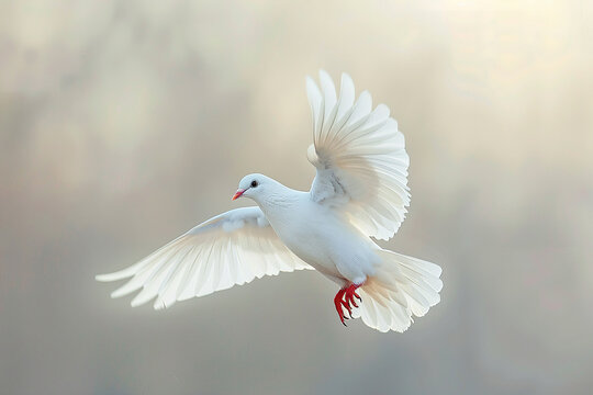 close up horizontal image of a white dove flying, blurred background, copy space