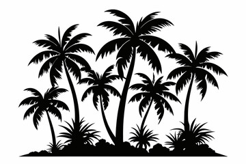 Fototapeta na wymiar tropical palm trees with leaves, mature and young plants, black silhouettes isolated on white background 