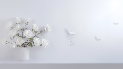 horizontal image of white background with a vase of flowers on the lower left hand side and doves flying