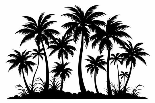tropical palm trees with leaves, mature and young plants, black silhouettes isolated on white background 