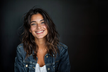 jeune femme souriante aux cheveux brun et long portant une veste en jeans sur fond sombre de type studio, espace pour texte - obrazy, fototapety, plakaty